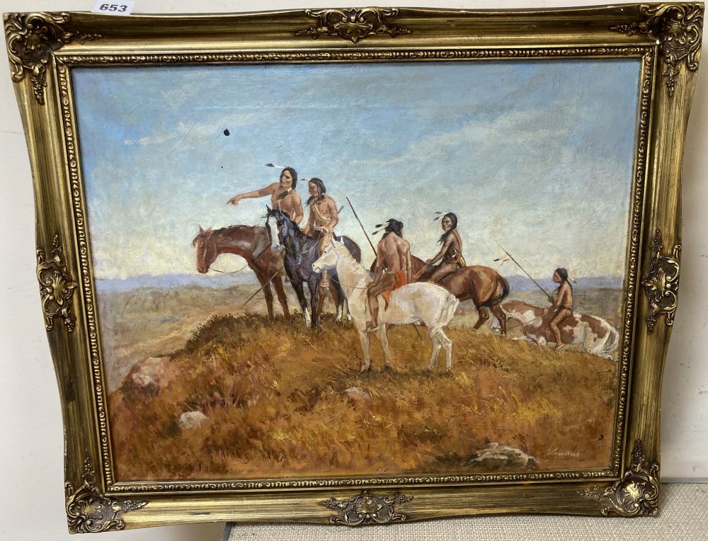 Kronstad, a group of Native American plains tribesmen on horseback, 39.5cm x 49.5cm